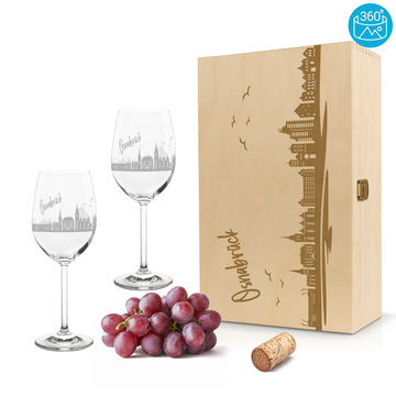 Weinglas mit Gravur Leonardo Daily Rotwein "SKYLINE OSNABRÜCK" 2 Gläser und Holzbox groß