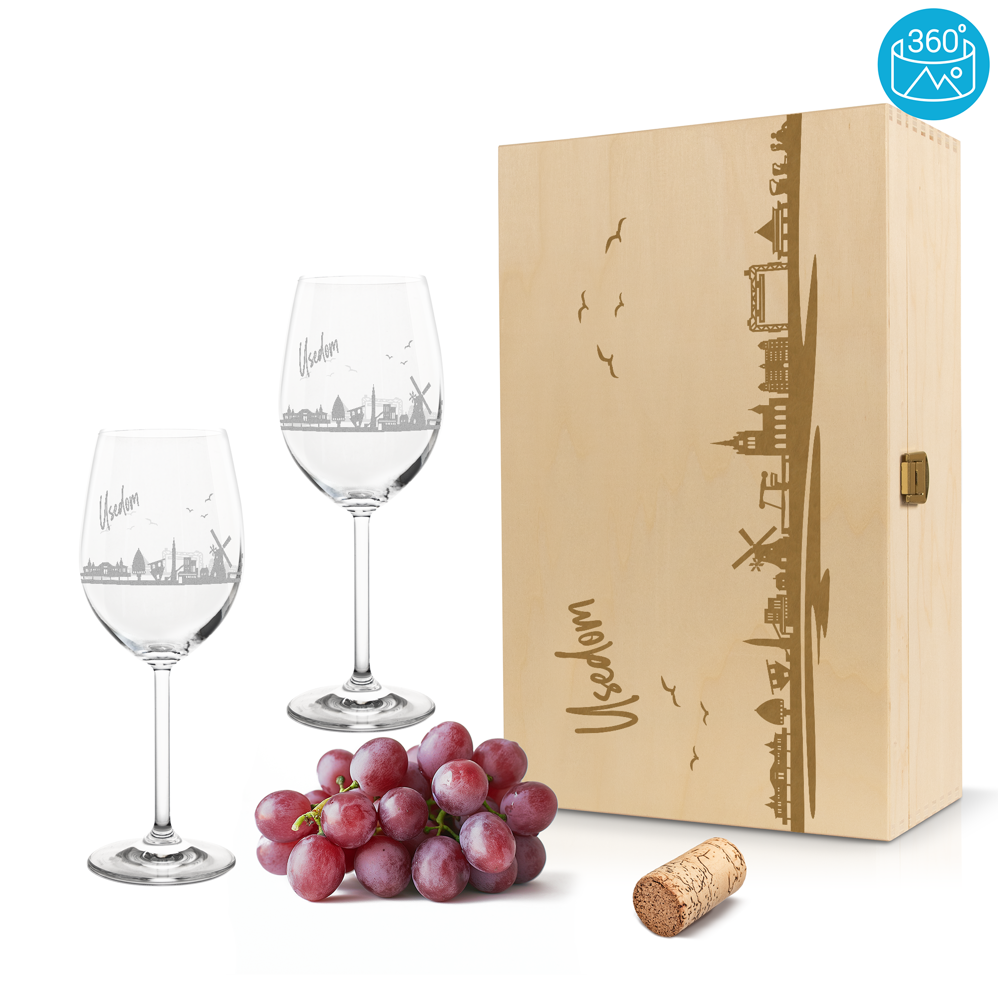 Weinglas mit Gravur Leonardo Daily Rotwein "SKYLINE USEDOM" 2 Gläser und Holzbox groß