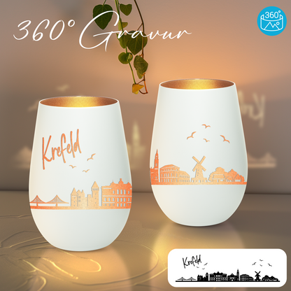 Hochwertiges Glas Windlicht mit Gravur "SKYLINE KREFELD" in der Farbe Weiß/Bronze