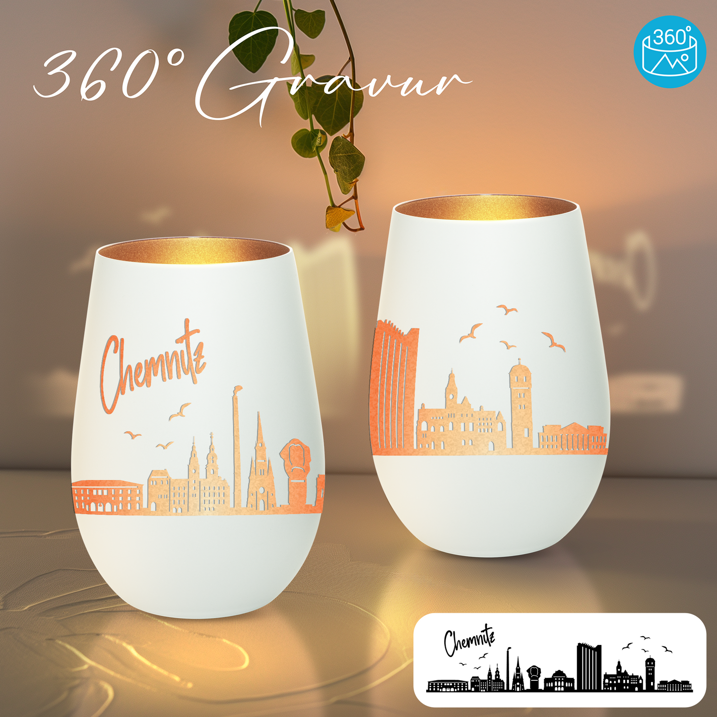Hochwertiges Glas Windlicht mit Gravur "SKYLINE CHEMNITZ" in der Farbe Weiß/Bronze