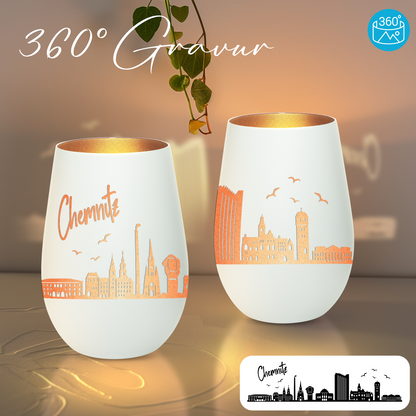 Hochwertiges Glas Windlicht mit Gravur "SKYLINE CHEMNITZ" in der Farbe Weiß/Bronze