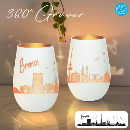 Hochwertiges Glas Windlicht mit Gravur "SKYLINE BREMEN" in der Farbe Weiß/Bronze