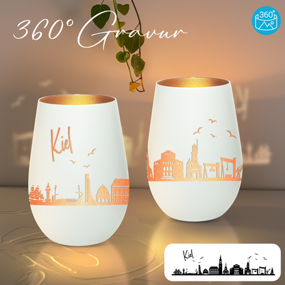 Hochwertiges Glas Windlicht mit Gravur "SKYLINE KIEL" in der Farbe Weiß/Bronze