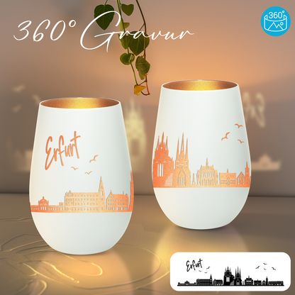 Hochwertiges Glas Windlicht mit Gravur "SKYLINE ERFURT" in der Farbe Weiß/Bronze