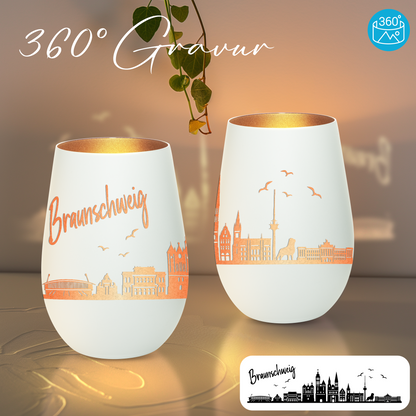 Hochwertiges Glas Windlicht mit Gravur "SKYLINE BRAUNSCHWEIG" in der Farbe Weiß/Bronze