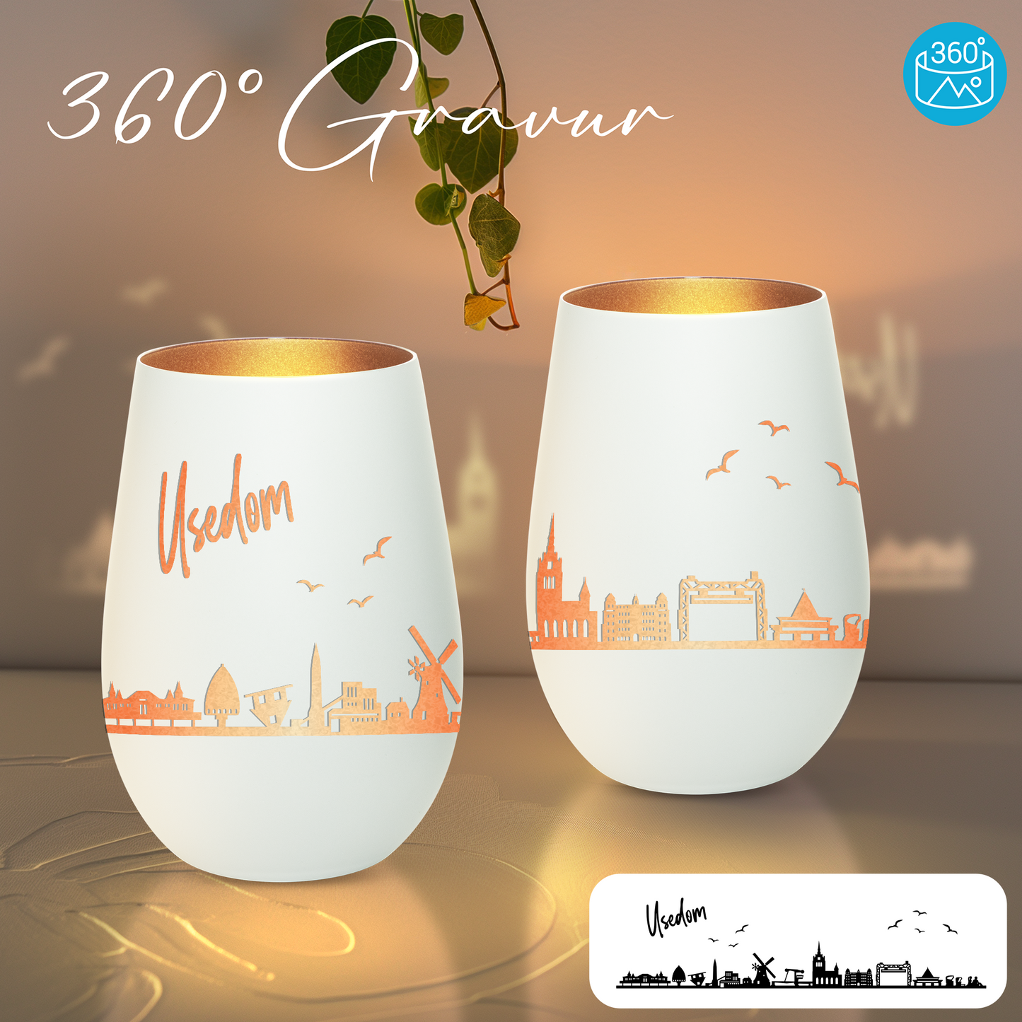 Hochwertiges Glas Windlicht mit Gravur "SKYLINE USEDOM" in der Farbe Weiß/Bronze