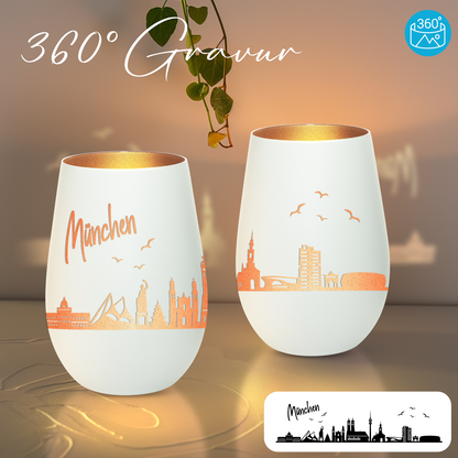 Hochwertiges Glas Windlicht mit Gravur "SKYLINE MÜNCHEN" in der Farbe Weiß/Bronze