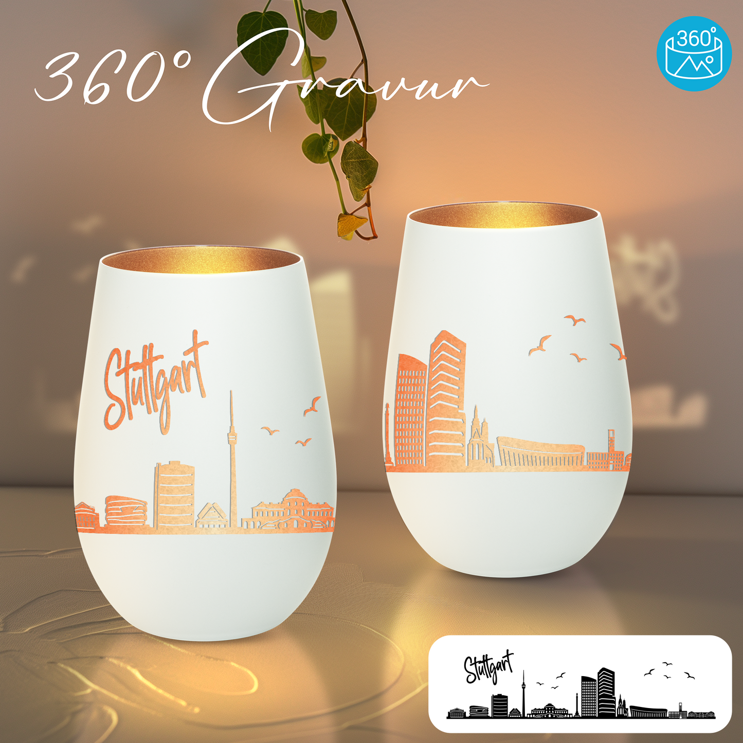 Hochwertiges Glas Windlicht mit Gravur "SKYLINE STUTTGART" in der Farbe Weiß/Bronze