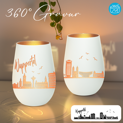 Hochwertiges Glas Windlicht mit Gravur "SKYLINE WUPPERTAL" in der Farbe Weiß/Bronze