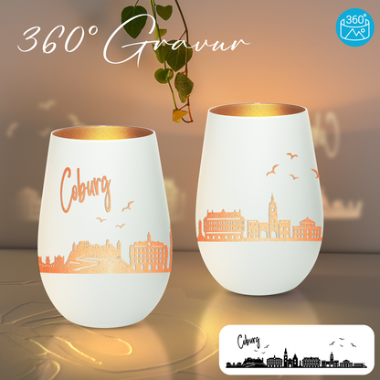 Hochwertiges Glas Windlicht mit Gravur "SKYLINE COBURG" in der Farbe Weiß/Bronze