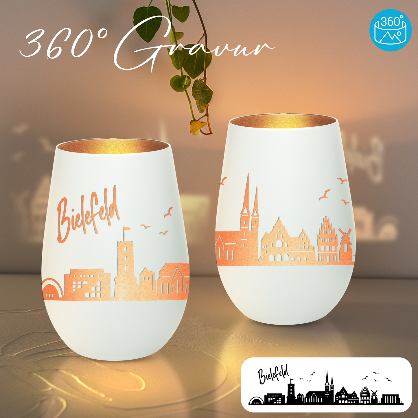 Hochwertiges Glas Windlicht mit Gravur "SKYLINE BIELEFELD" in der Farbe Weiß/Bronze