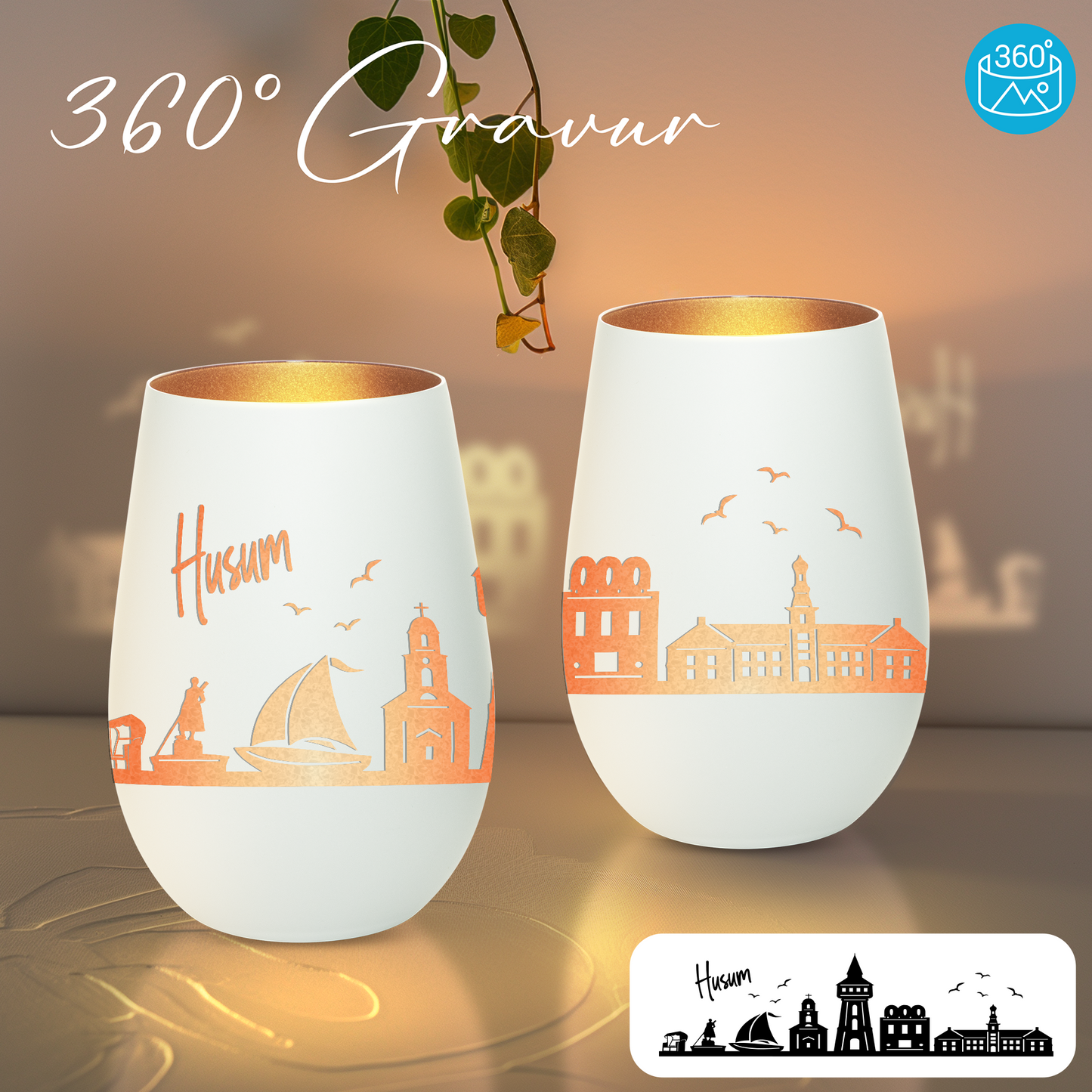 Hochwertiges Glas Windlicht mit Gravur "SKYLINE HUSUM" in der Farbe Weiß/Bronze