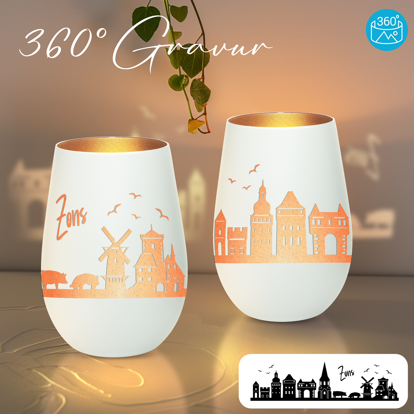 Hochwertiges Glas Windlicht mit Gravur "SKYLINE ZONS (DORMAGEN)" in der Farbe Weiß/Bronze