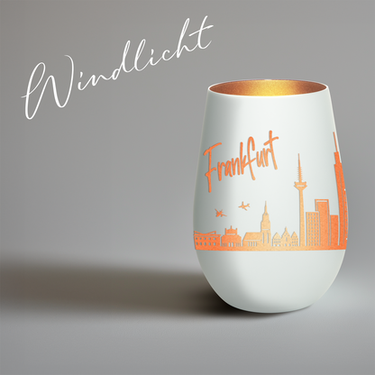 Hochwertiges Glas Windlicht mit Gravur "SKYLINE FRANKFURT" in der Farbe Weiß/Bronze