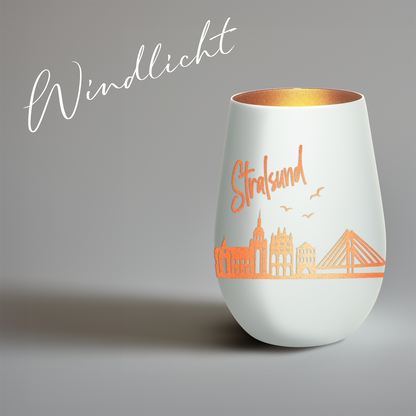 Hochwertiges Glas Windlicht mit Gravur "SKYLINE STRALSUND" in der Farbe Weiß/Bronze