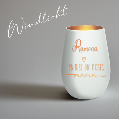Hochwertiges Glas Windlicht mit Gravur "DIE BESTE MAMA" mit Wunschname in der Farbe Weiß/Bronze