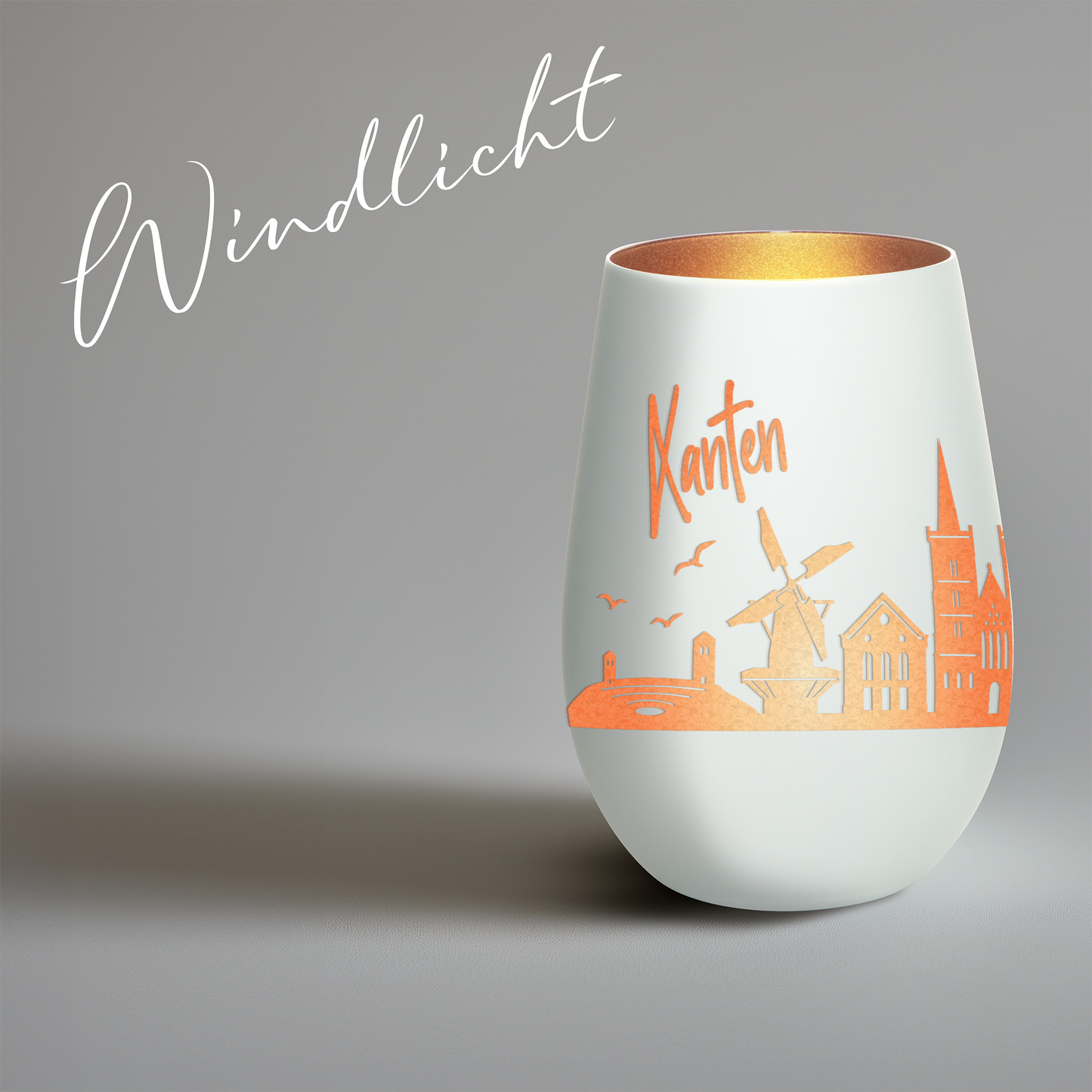 Hochwertiges Glas Windlicht mit Gravur "SKYLINE XANTEN" in der Farbe Weiß/Bronze