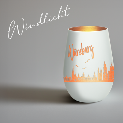 Hochwertiges Glas Windlicht mit Gravur "SKYLINE WÜRZBURG" in der Farbe Weiß/Bronze