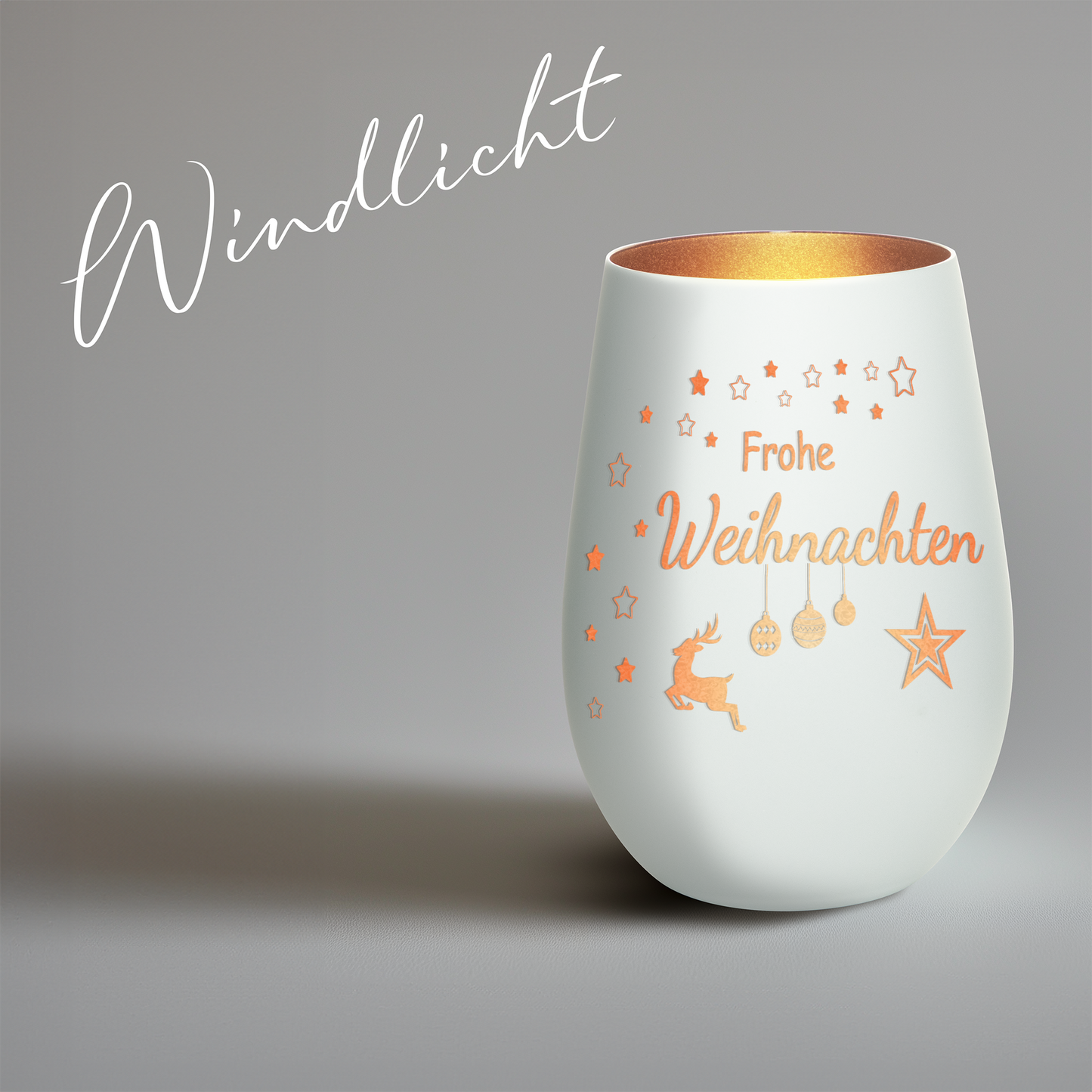 Hochwertiges Glas Windlicht mit Gravur "FROHE WEIHNACHTEN" in der Farbe Weiß/Bronze