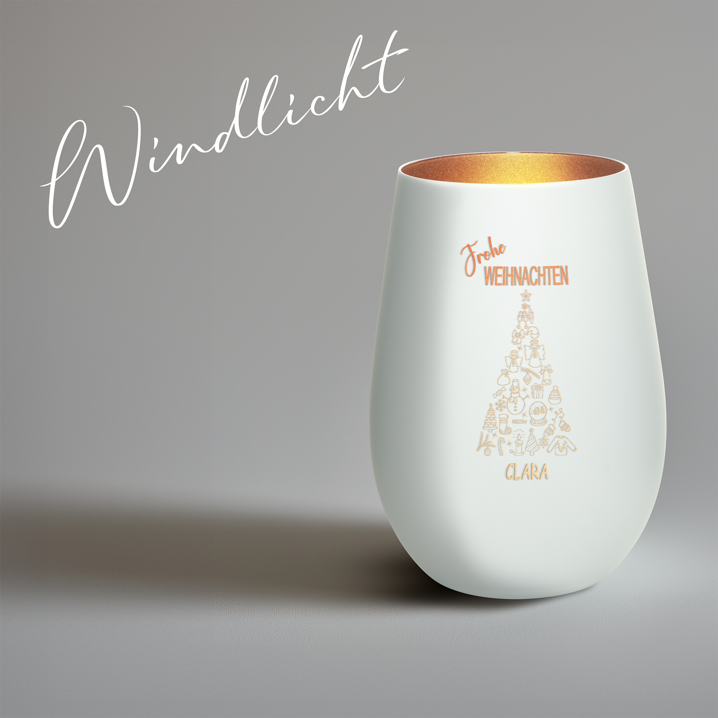 Hochwertiges Glas Windlicht mit Gravur "FROHE WEIHNACHTEN" mit Wunschname in der Farbe Weiß/Bronze