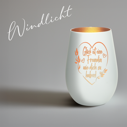 Hochwertiges Glas Windlicht mit Gravur "GLÜCK IST EINE FREUNDIN MIT HERZ" in der Farbe Weiß/Bronze