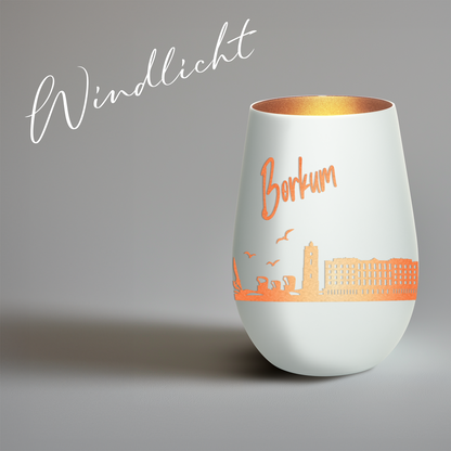 Hochwertiges Glas Windlicht mit Gravur "SKYLINE BORKUM" in der Farbe Weiß/Bronze