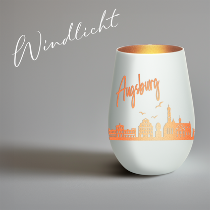 Hochwertiges Glas Windlicht mit Gravur "SKYLINE AUGSBURG" in der Farbe Weiß/Bronze