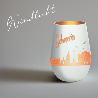 Hochwertiges Glas Windlicht mit Gravur "SKYLINE SCHWERIN" in der Farbe Weiß/Bronze
