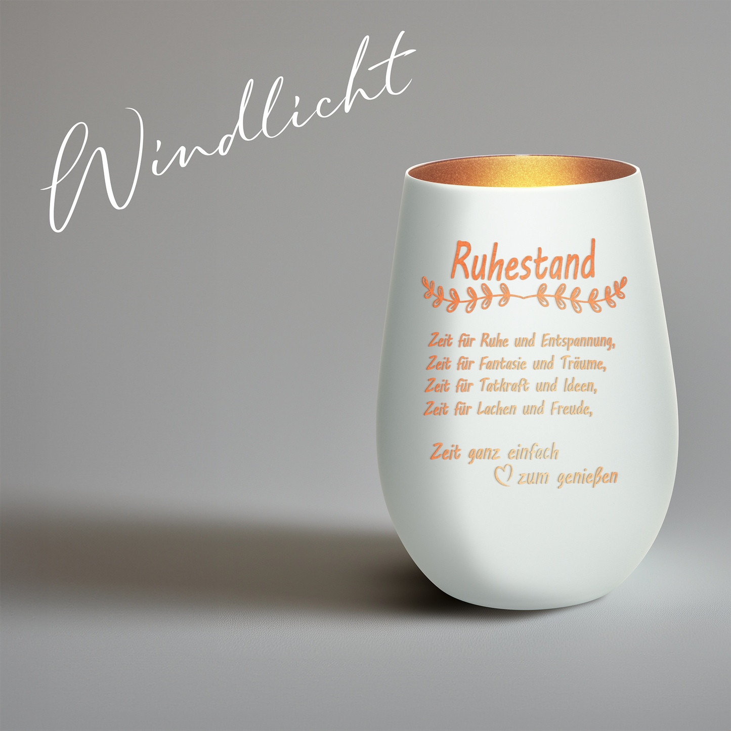 Hochwertiges Glas Windlicht mit Gravur "ALLES GUTE ZUM RUHESTAND" in der Farbe Weiß/Bronze
