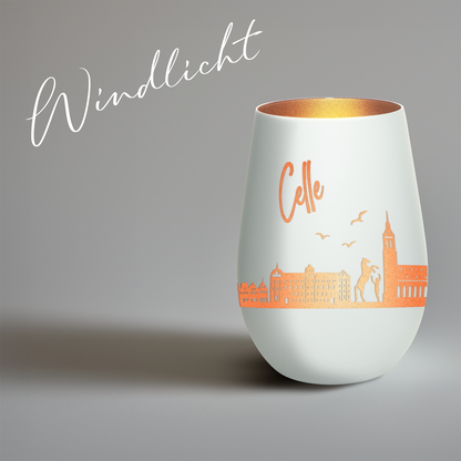 Hochwertiges Glas Windlicht mit Gravur "SKYLINE CELLE" in der Farbe Weiß/Bronze