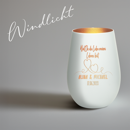 Hochwertiges Glas Windlicht mit Gravur "WEIL DU DIE LIEBE MEINES LEBENS BIST" mit Wunschnamen und Datum in der Farbe Weiß/Bronze