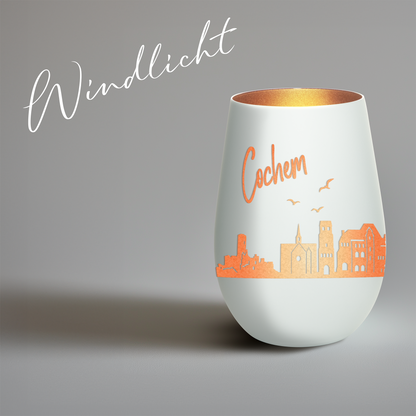 Hochwertiges Glas Windlicht mit Gravur "SKYLINE COCHEM" in der Farbe Weiß/Bronze