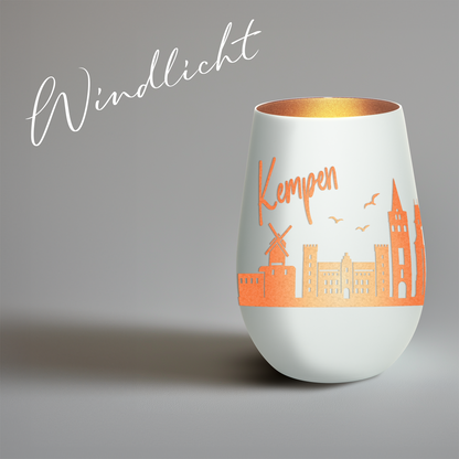 Hochwertiges Glas Windlicht mit Gravur "SKYLINE KEMPEN" in der Farbe Weiß/Bronze