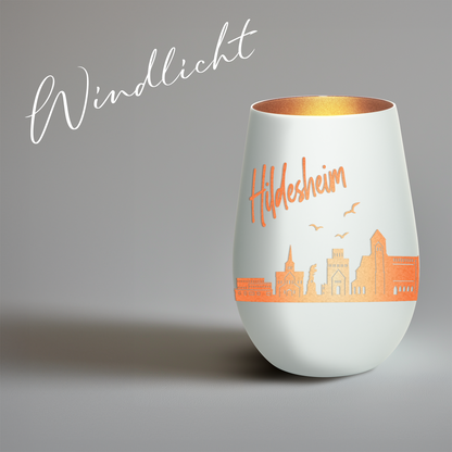 Hochwertiges Glas Windlicht mit Gravur "SKYLINE HILDESHEIM" in der Farbe Weiß/Bronze