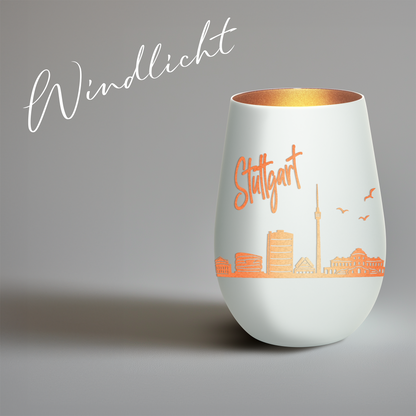 Hochwertiges Glas Windlicht mit Gravur "SKYLINE STUTTGART" in der Farbe Weiß/Bronze