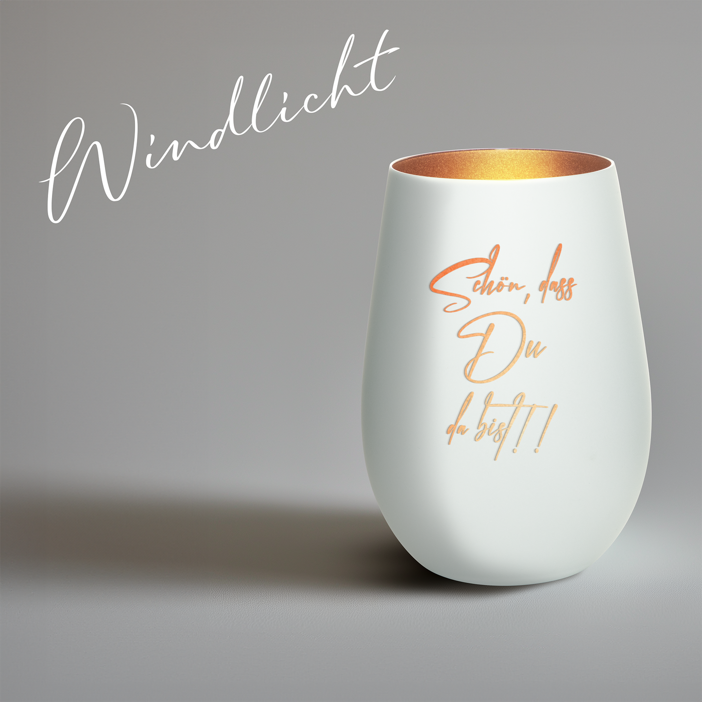 Hochwertiges Glas Windlicht mit Gravur "SCHÖN, DASS DU DA BIST" in der Farbe Weiß/Bronze
