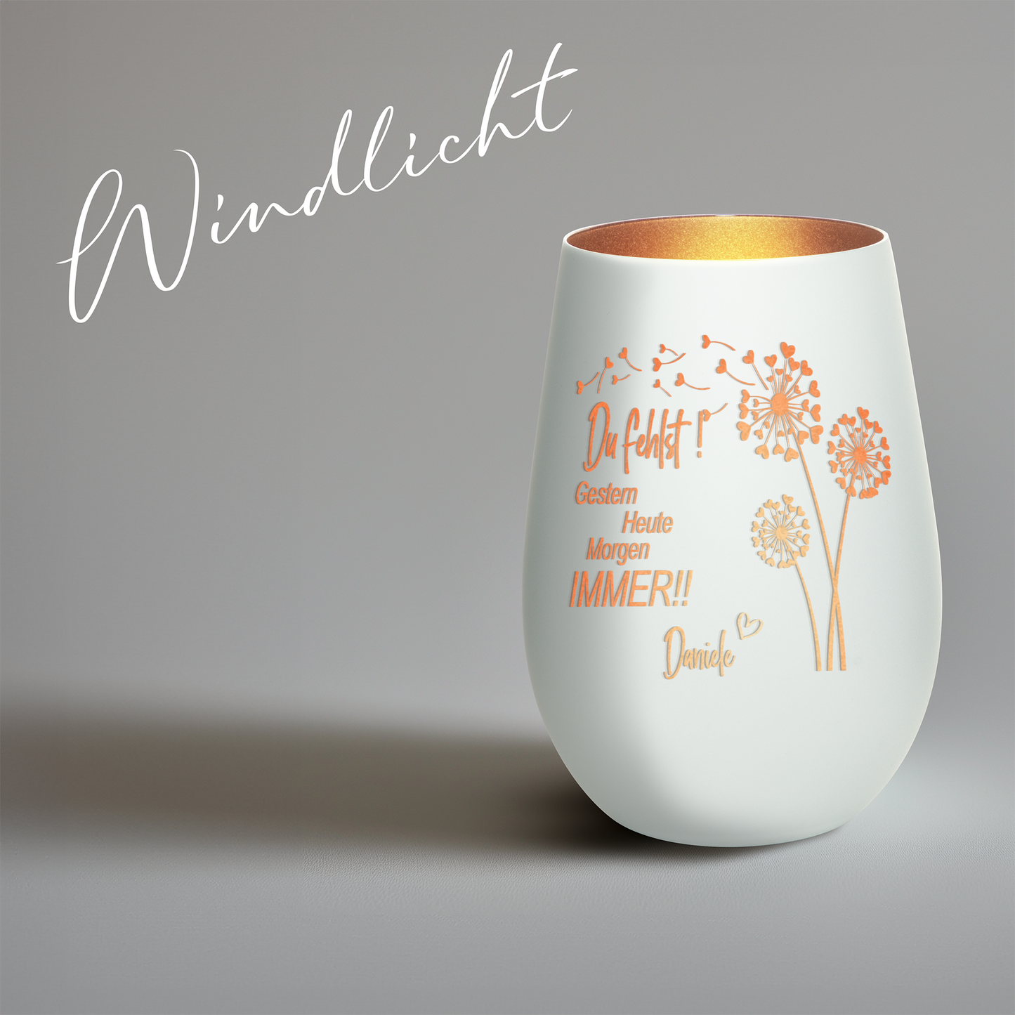 Hochwertiges Glas Windlicht mit Gravur als Trauerlicht "DU FEHLST! GESTERN HEUTE MORGEN IMMER" mit Wunschname in der Farbe Weiß/Bronze