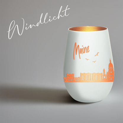 Hochwertiges Glas Windlicht mit Gravur "SKYLINE MAINZ" in der Farbe Weiß/Bronze
