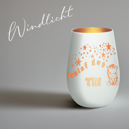 Hochwertiges Glas Windlicht für Kinder mit Gravur "SCHLAF GUT" Motiv Zebra mit Wunschname in der Farbe Weiß/Bronze