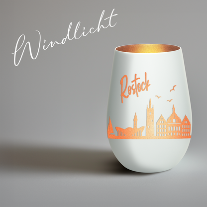 Hochwertiges Glas Windlicht mit Gravur "SKYLINE ROSTOCK" in der Farbe Weiß/Bronze