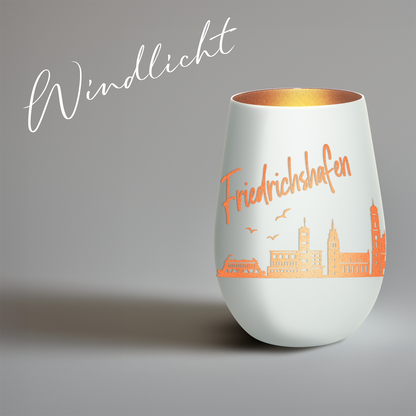 Hochwertiges Glas Windlicht mit Gravur "SKYLINE FRIEDRICHSHAFEN" in der Farbe Weiß/Bronze