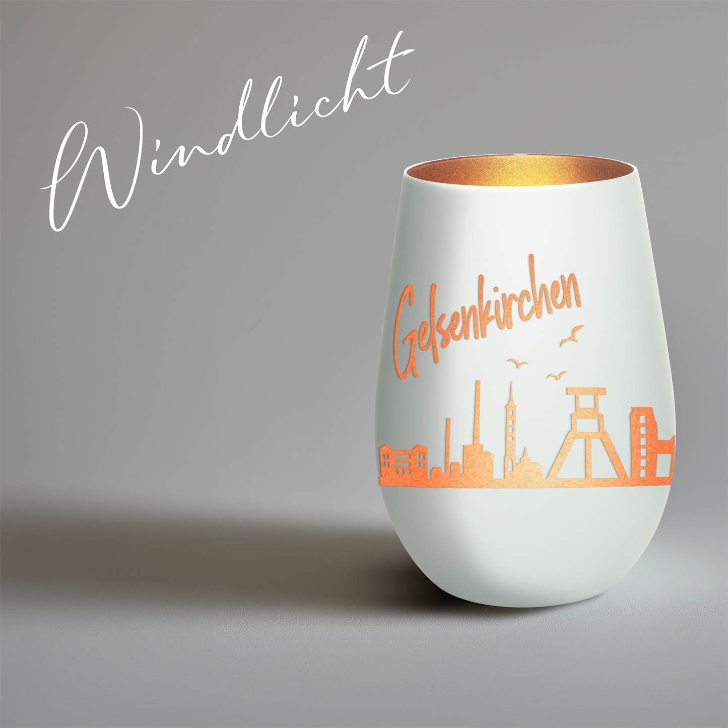 Hochwertiges Glas Windlicht mit Gravur "SKYLINE GELSENKIRCHEN" in der Farbe Weiß/Bronze