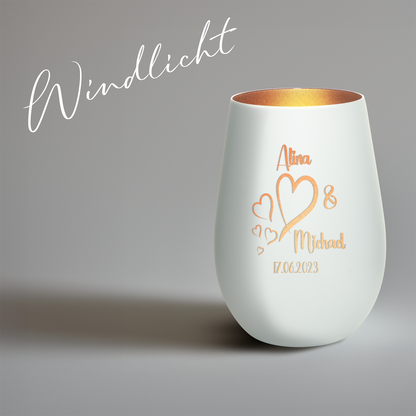 Hochwertiges Glas Windlicht mit Gravur "LIEBES WINDLICHT HERZ3" mit Wunschnamen und Datum in der Farbe Weiß/Bronze