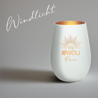 Hochwertiges Glas Windlicht mit Gravur "HOLY APEROLI" mit Wunschname in der Farbe Weiß/Bronze