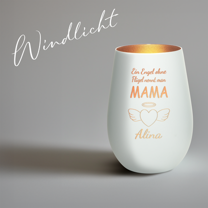 Hochwertiges Glas Windlicht mit Gravur "EIN ENGEL OHNE FLÜGEL NENNT MAN MAMA" mit Wunschname in der Farbe Weiß/Bronze