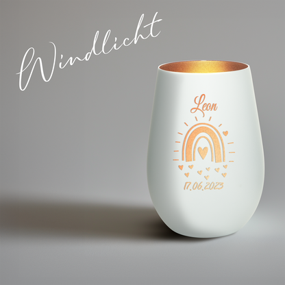 Hochwertiges Glas Windlicht mit Gravur "GEBURT MIT REGENBOGEN" mit Wunschname und Datum in der Farbe Weiß/Bronze