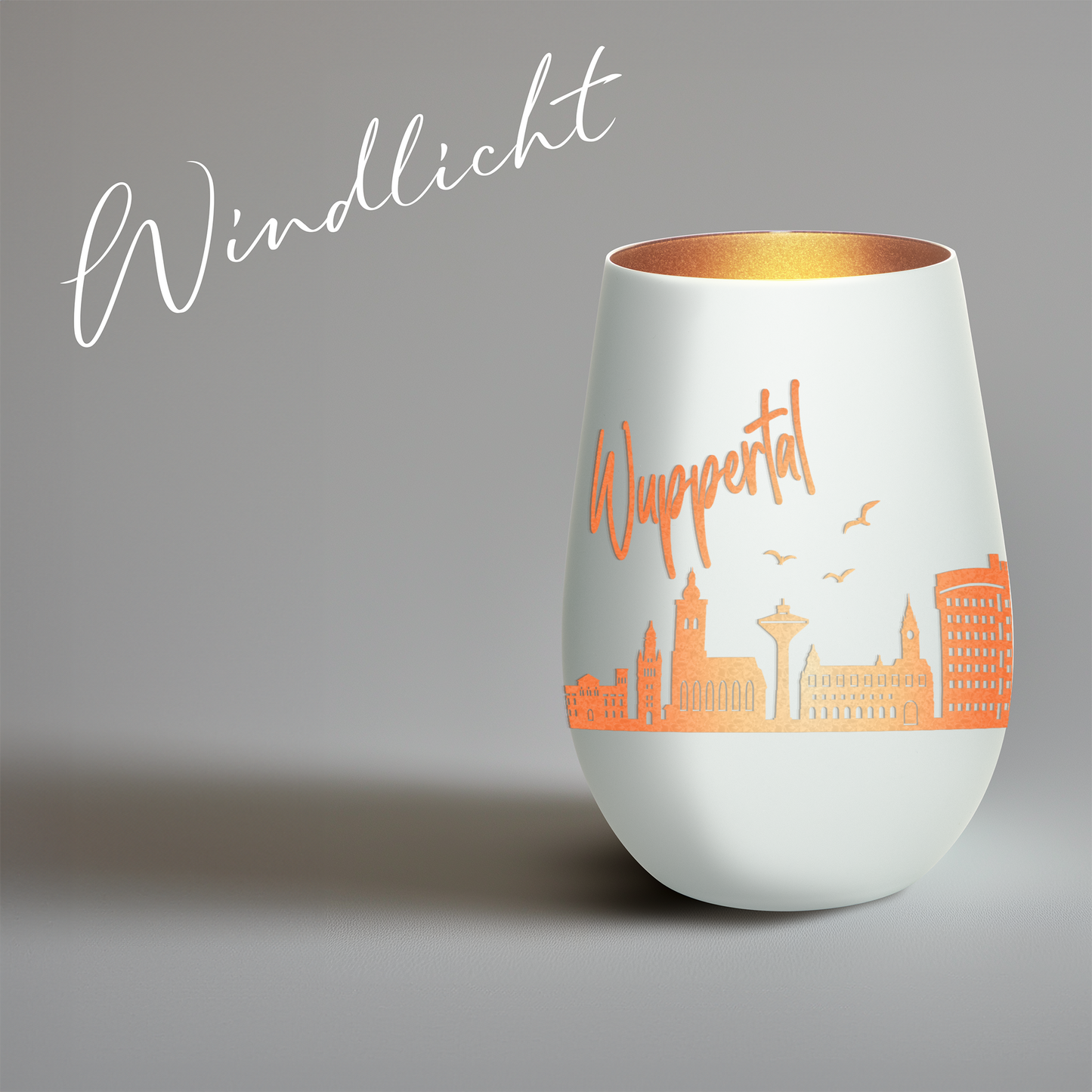 Hochwertiges Glas Windlicht mit Gravur "SKYLINE WUPPERTAL" in der Farbe Weiß/Bronze
