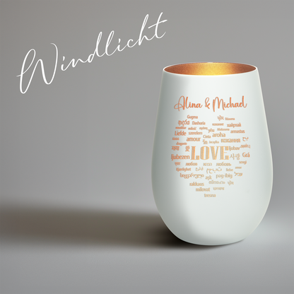 Hochwertiges Glas Windlicht mit Gravur "LIEBE IN ALLEN SPRACHEN" mit Wunschnamen in der Farbe Weiß/Bronze