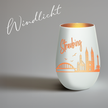 Hochwertiges Glas Windlicht mit Gravur "SKYLINE STRAUBING" in der Farbe Weiß/Bronze