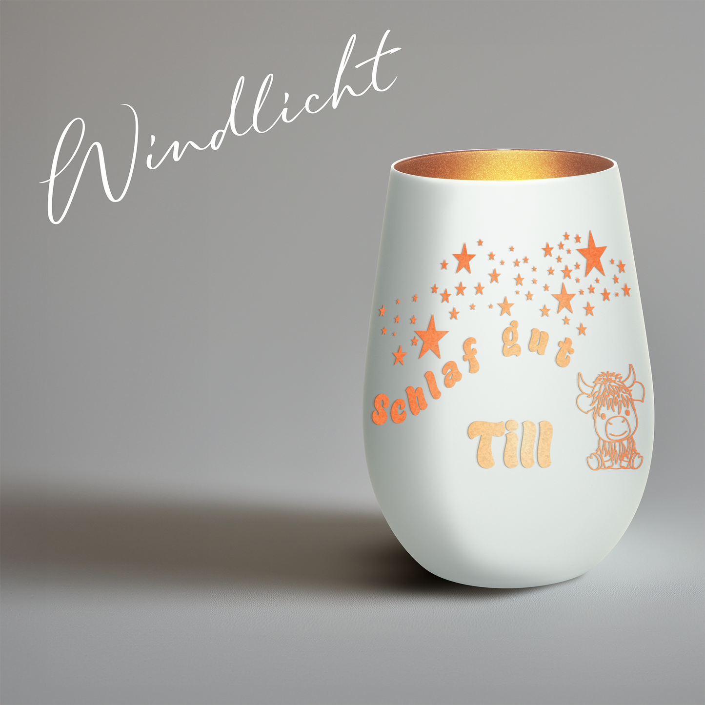 Hochwertiges Glas Windlicht für Kinder mit Gravur "SCHLAF GUT" Motiv Bison mit Wunschname in der Farbe Weiß/Bronze
